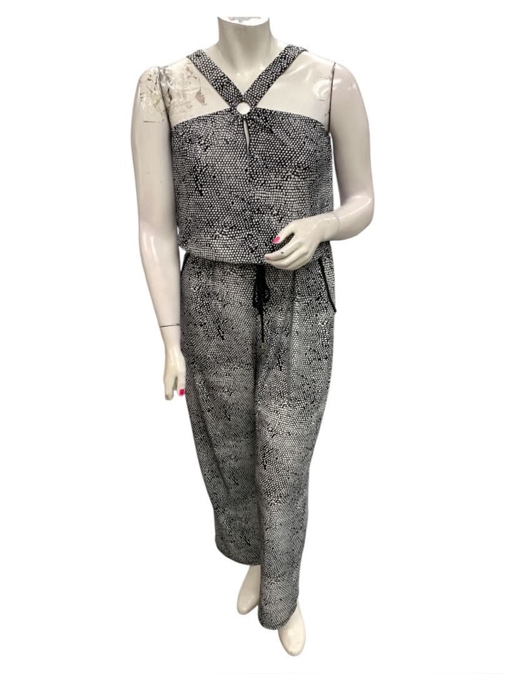 Zoe Sleeveless Black & White Printed Ring-Front Jumpsuit Size L